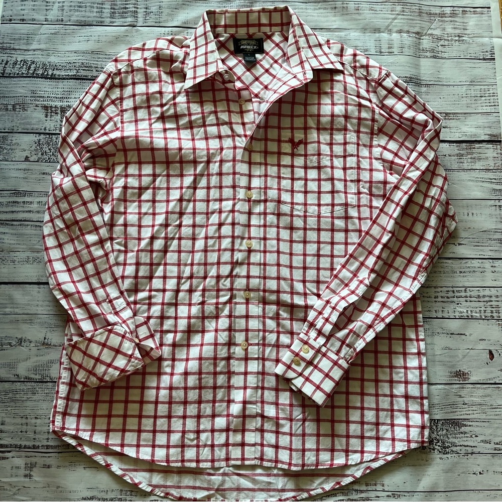AVIREX Men’s Plaid Button Up Long Sleeve Shirt Lg Red White Cotton Casual Y2K